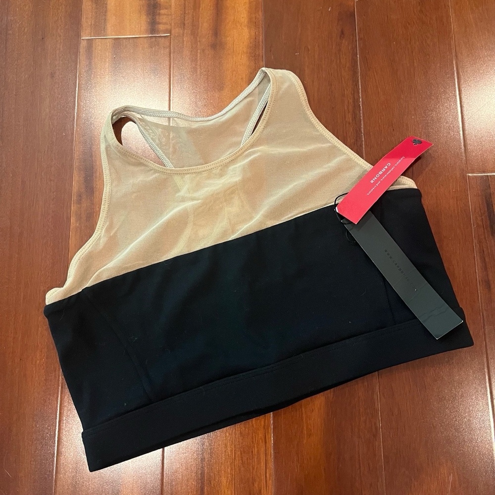 New NWT CARBON38 Beige Black Sports Bra Mesh Racerback Active Athletic Top Sz S